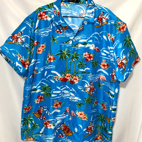 SSLR MENS SIZE 2XL CHRISTMAS Tropical Blue Hawaiian ShirtSKIING SANTA/ FLAMINGOS - Picture 1 of 12